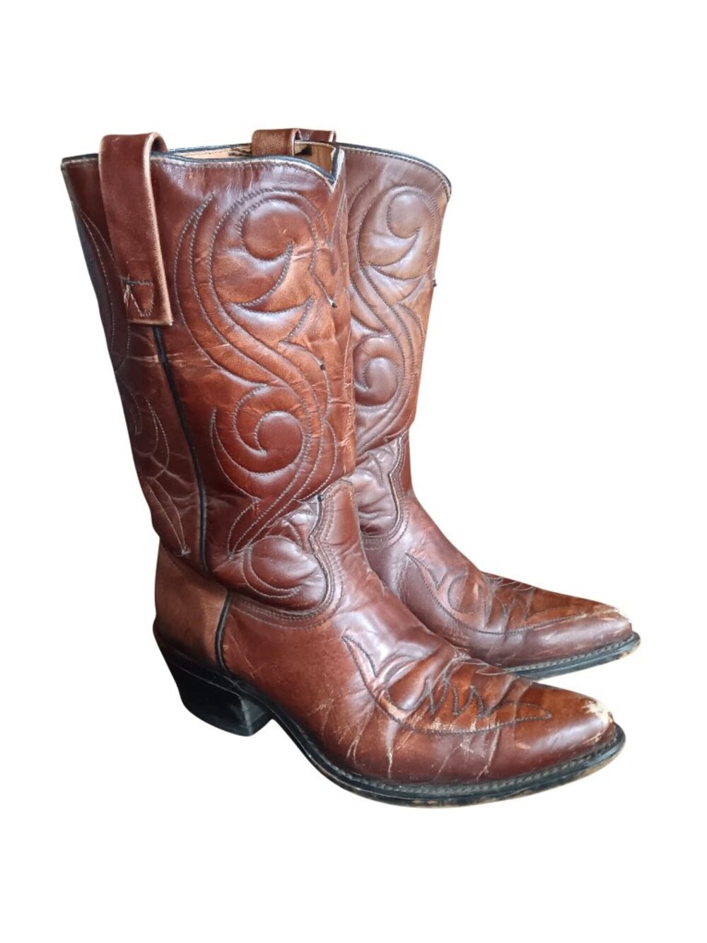 7.5 M Womens Cowgirl Acme 1970's Mens 6.5 D Vintage Leather Cowboy Boots USA - Picture 1 of 12